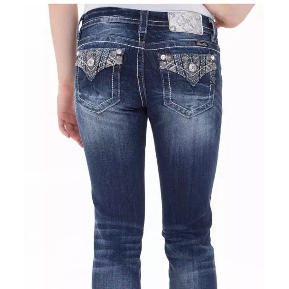 Miss Me Jeans Women's 30 Mid Rise Easy Boot MK355 Embellished Flap Pockets 33x30